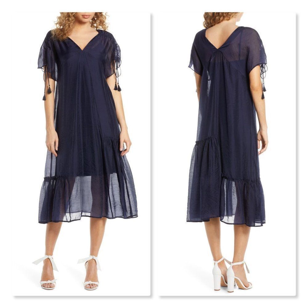 CAARA Kendall Tie Sleeve Midi Dress sz Med in Blue